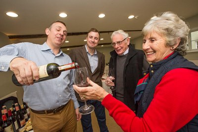 Wine tasting at Bodnant Farm Food, from left, Tim calcroft, Tim Watson and David and Valerie Noakes.