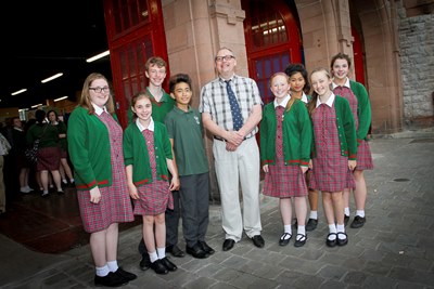 Denbigh Town Hall. First day of Job Fair. Pictured:  Mark Young, Organiser with pupils from St Brigid's School, Denbigh.