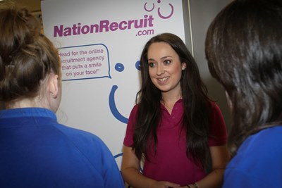 Denbigh Town Hall. First day of Job Fair. Pictured: Victoria Hindmarch, Recruitment Consultant from Nation Recruit chats to pupils from Denbigh High School
