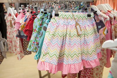 Children?s fashion designer Kathryn Saunders is showcasing her individually designed clothes at Our Beautiful Life Boutique in the Pyramids Shopping Centre. Pictured: one of the many skirts hand made from American material